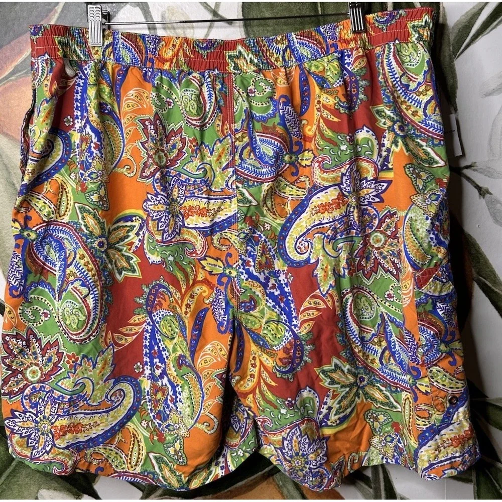 Polo by Ralph Lauren 2XL Orange Paisley Lined Shorts Drawstring Swimwear NWT